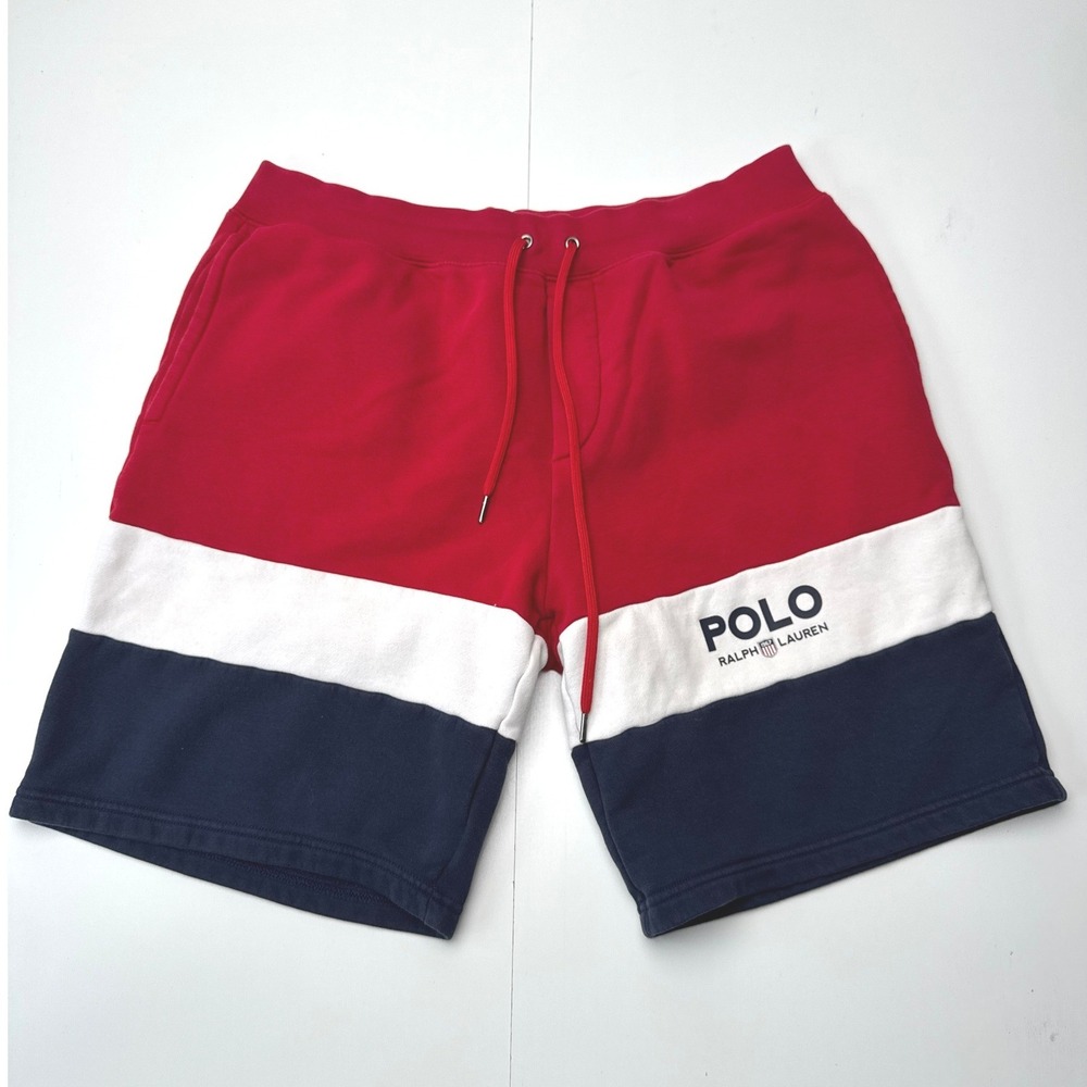 Polo Ralph Lauren Mens Colorblock Fleece Sweat Shorts Red White Blue Large